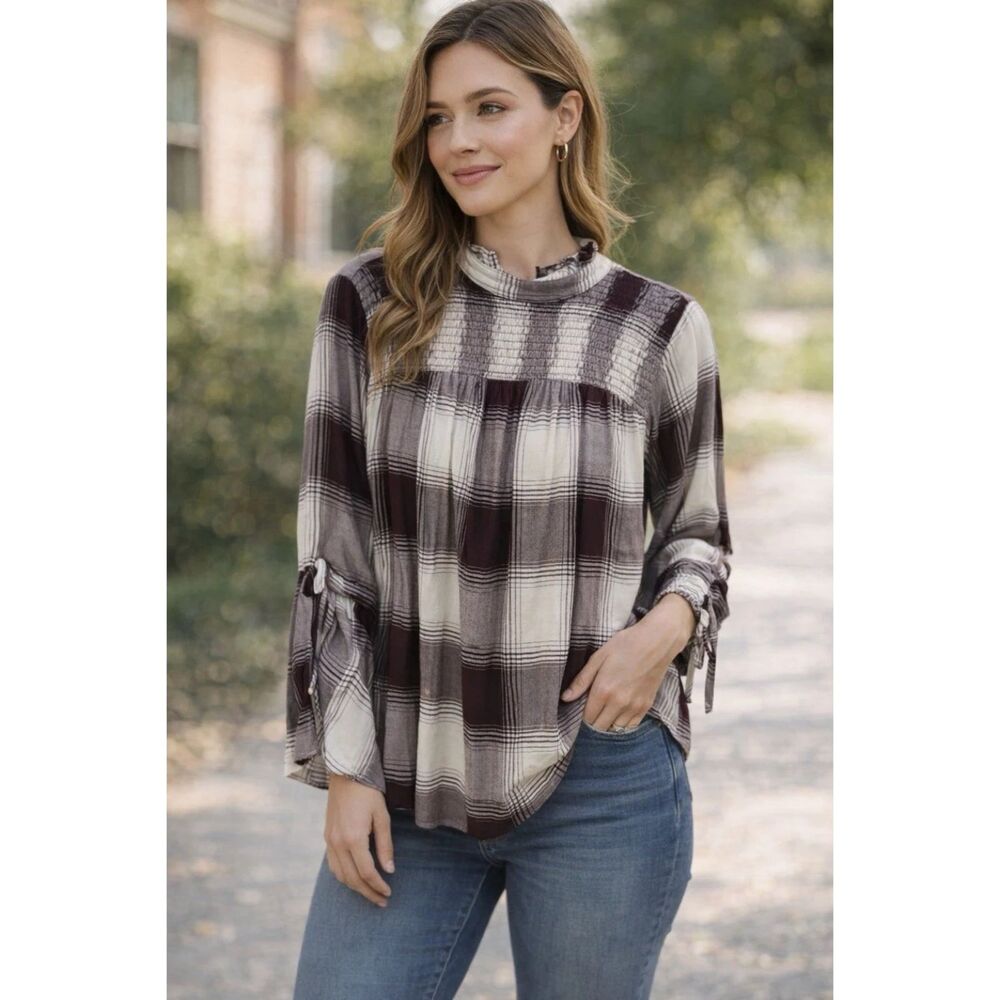 LANE BRYANT Blouse Womens Sz 16 Belle sleeves top plaid country casual Peasant